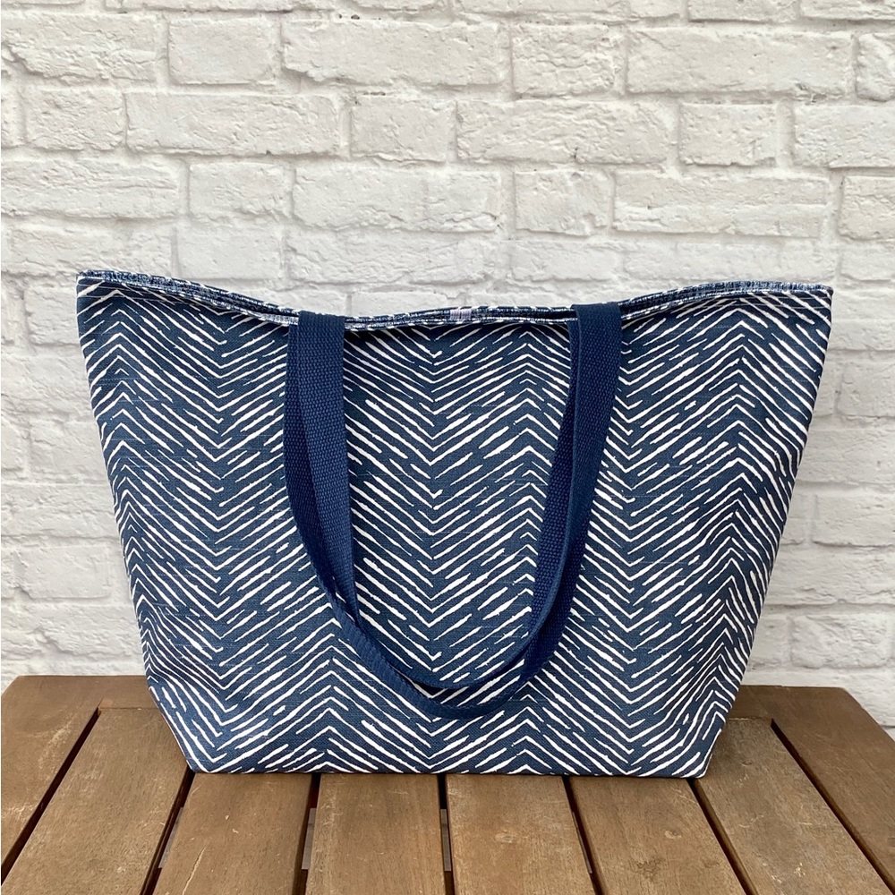 Handmade Foldable Travel/Market Tote - Navy Blue Chevron